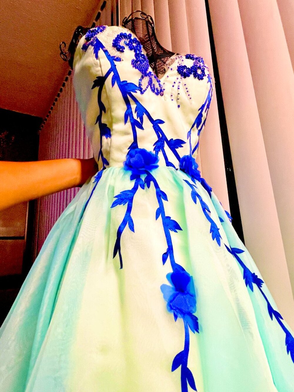 Floral Embroidered Mint Blue Beaded Corset Prom Dress
